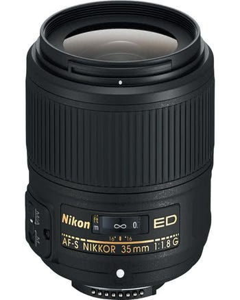Nikon AF-S NIKKOR 35mm f/1.8G ED FX wide-angle prime lens, front side view
