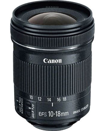 Canon EF-S 10-18mm f/4.5-5.6 IS STM wide-angle zoom lens, front side product view