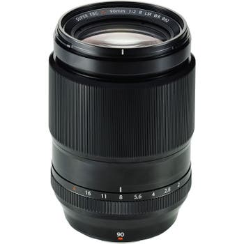 Fujifilm XF 90mm f/2 R LM WR prime lens, front angled view showing aperture ring and 90mm marking