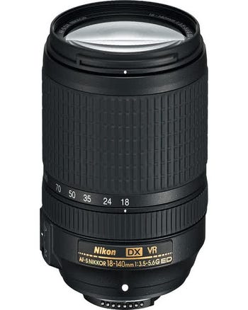 Nikon AF-S NIKKOR 18-140mm f/3.5-5.6G ED VR DX zoom lens standing upright, front view