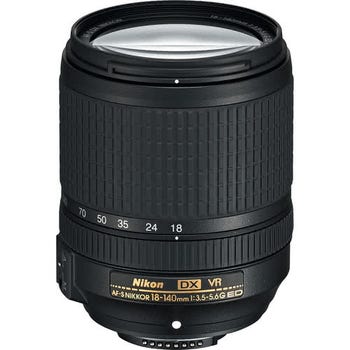 Nikon AF-S NIKKOR 18-140mm f/3.5-5.6G ED VR DX zoom lens standing upright, front view