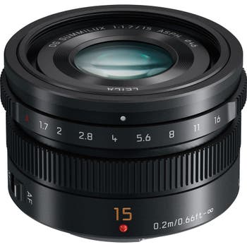 Panasonic Lumix G Leica 15mm f/1.7 Summilux wide-angle lens with aperture ring, front angled view