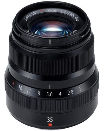 Fujifilm XF 35mm f/2 R WR black lens, front angled view showing aperture ring and glass element