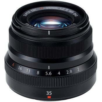 Fujifilm XF 35mm f/2 R WR black lens, front angled view showing aperture ring and glass element
