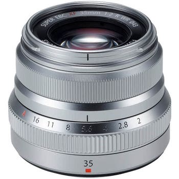 Fujifilm XF 35mm f/2 R WR silver prime lens with aperture ring and weather‑resistant metal barrel