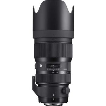 Sigma 50-100mm f/1.8 DC HSM Art Lens for Nikon with hood and tripod collar, front view