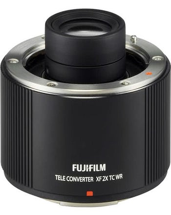 Fujifilm XF TC WR 2X Teleconverter front angle view showing mount and compact black barrel