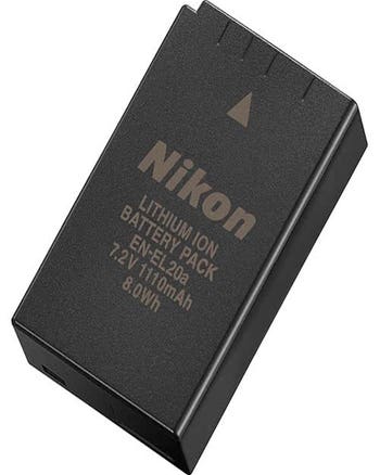 Nikon EN-EL20a 1110mAh rechargeable lithium-ion camera battery, angled view of top label