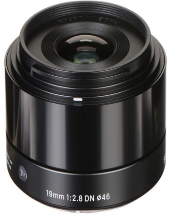 Sigma AF 19mm f/2.8 DN Art wide-angle lens for Micro Four Thirds, front angled view in black finish