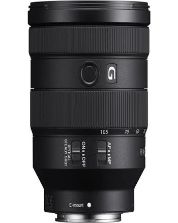 Front view of Sony FE 24-105mm f/4 G OSS E-mount lens showing controls and $100 cashback badge