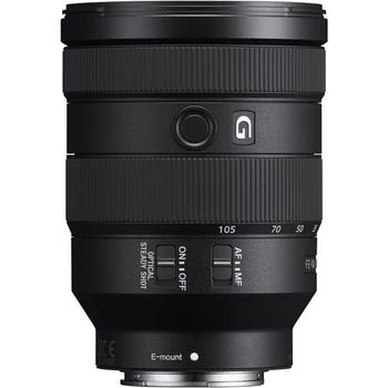 Front view of Sony FE 24-105mm f/4 G OSS E-mount lens showing controls and $100 cashback badge