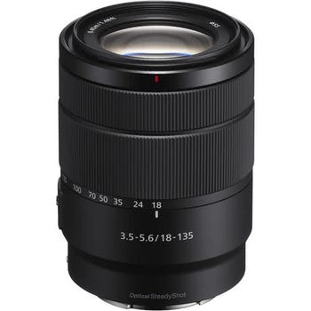 Sony E 18-135mm f/3.5-5.6 OSS APS-C zoom lens, front angled product view