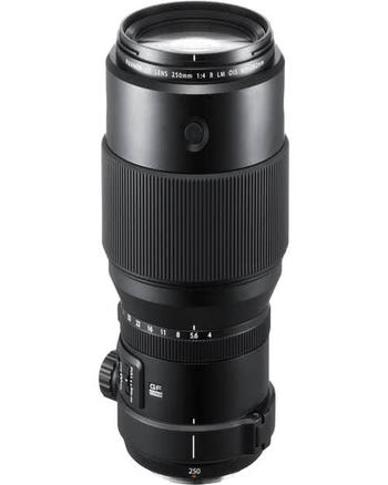 Fujifilm GF 250mm f/4 R LM OIS WR medium telephoto prime lens standing upright