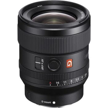 Front angled product view of Sony FE 24mm f/1.4 GM wide-angle prime lens for E-mount