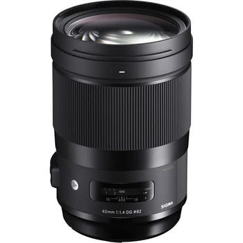 Sigma 40mm f/1.4 DG HSM Art Lens for Canon EF mount, front angled view without lens hood