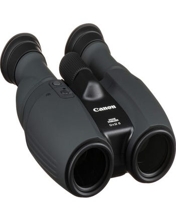 Canon 12x32 IS image stabilized binoculars in black, angled view showing eyecups and objective lenses