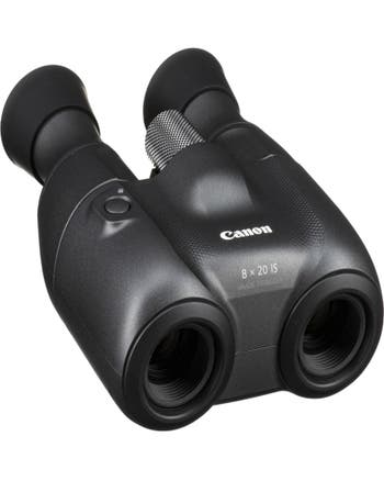 Canon 8x20 IS compact image-stabilized binoculars in black, angled view showing eyepieces and objective lenses