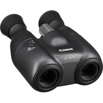 Canon 8x20 IS compact image-stabilized binoculars in black, angled view showing eyepieces and objective lenses