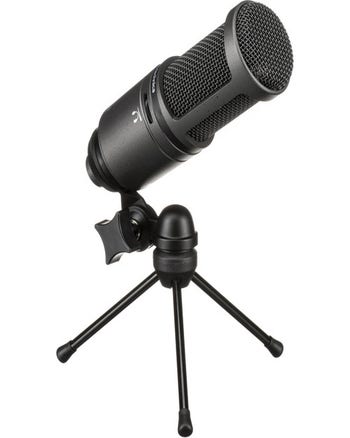 Audio-Technica AT2020USB+ cardioid USB condenser microphone on compact desktop tripod stand