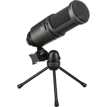 Audio-Technica AT2020USB+ cardioid USB condenser microphone on compact desktop tripod stand
