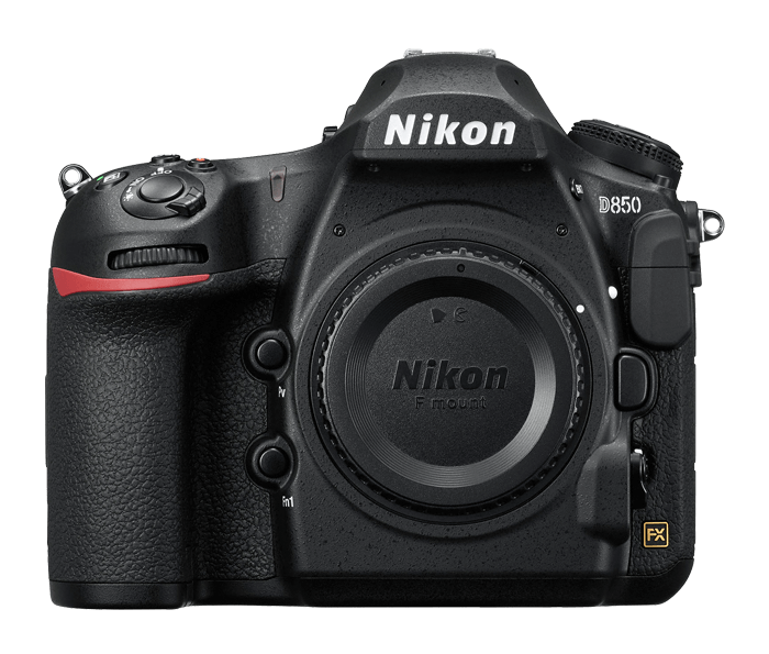 Front view of Nikon D850 DSLR camera body only, showing F-mount and textured grip