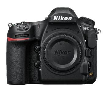Front view of Nikon D850 DSLR camera body only, showing F-mount and textured grip