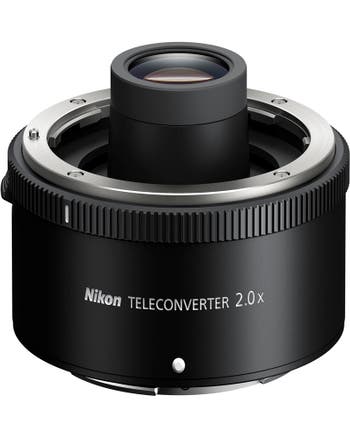 Nikon Nikkor Z TC-2.0x Teleconverter Lens, close-up angled view showing mount and knurled grip ring