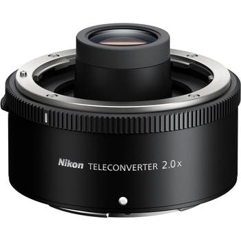 Nikon Nikkor Z TC-2.0x Teleconverter Lens, close-up angled view showing mount and knurled grip ring