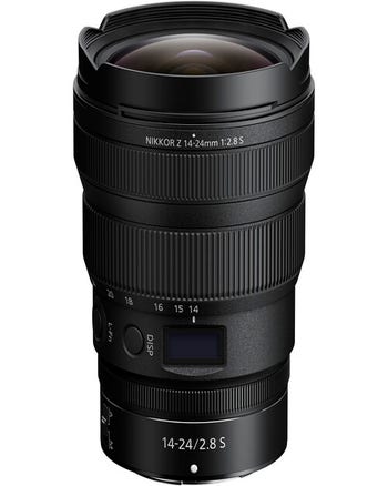Nikon Nikkor Z 14-24mm f/2.8 S ultra-wide zoom lens, front angled view with display panel