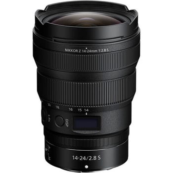 Nikon Nikkor Z 14-24mm f/2.8 S ultra-wide zoom lens, front angled view with display panel