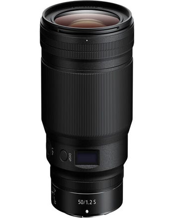 Nikon NIKKOR Z 50mm f/1.2 S Lens standing upright, front angled view showing focus ring and OLED display