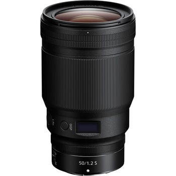 Nikon NIKKOR Z 50mm f/1.2 S Lens standing upright, front angled view showing focus ring and OLED display