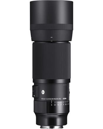 Sigma 105mm f/2.8 DG DN Macro Art lens for Sony E mount with hood, side view
