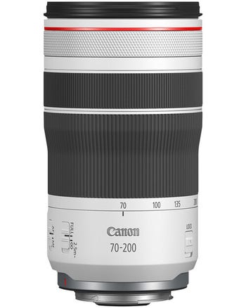 Canon RF 70-200mm f/4 L IS USM telephoto zoom lens standing upright, white barrel with red ring