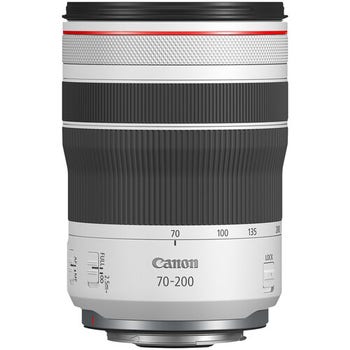 Canon RF 70-200mm f/4 L IS USM telephoto zoom lens standing upright, white barrel with red ring