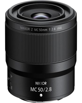 Nikon NIKKOR Z MC 50mm f/2.8 macro lens, angled front view showing focus ring and markings