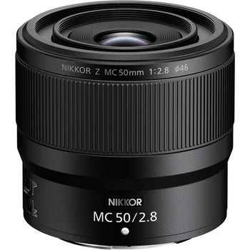 Nikon NIKKOR Z MC 50mm f/2.8 macro lens, angled front view showing focus ring and markings