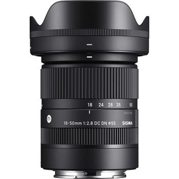 Sigma 18-50mm f/2.8 DC DN Contemporary zoom lens for L-Mount with hood, front view