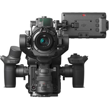 Front view of DJI Ronin 4D 4-Axis Cinema Camera 6K Combo with dual grips and monitor attached