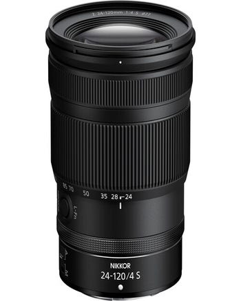 Nikon NIKKOR Z 24-120mm f/4 S zoom lens standing upright, showing focal length markings