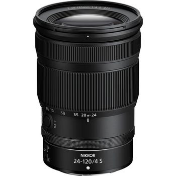 Nikon NIKKOR Z 24-120mm f/4 S zoom lens standing upright, showing focal length markings