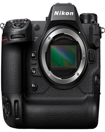 Front view of Nikon Z9 mirrorless camera body showing exposed full-frame sensor and vertical grip