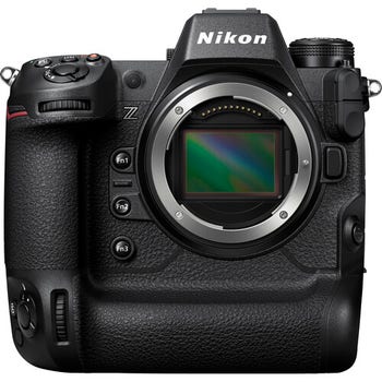 Front view of Nikon Z9 mirrorless camera body showing exposed full-frame sensor and vertical grip