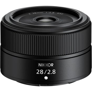 Nikon NIKKOR Z 28mm f/2.8 wide-angle Z-mount lens, front angled view showing compact design
