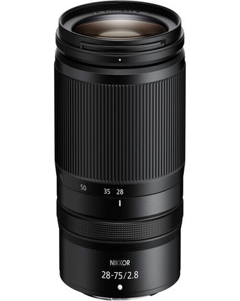 Nikon NIKKOR Z 28-75mm f/2.8 zoom lens standing upright, showing zoom and focus rings