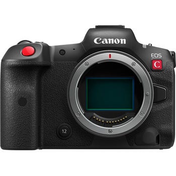 Canon EOS R5C full frame cinema camera body front view showing RF lens mount and sensor