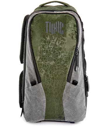 Toxic Valkyrie Medium Emerald camera backpack, front view with green panel and grey sides