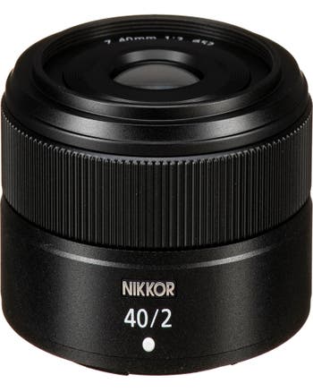 Front view of Nikon NIKKOR Z 40mm f/2 compact prime lens with ribbed focus ring