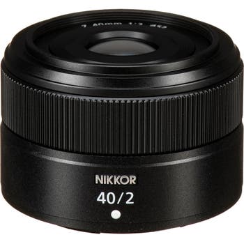 Front view of Nikon NIKKOR Z 40mm f/2 compact prime lens with ribbed focus ring