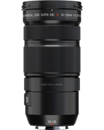 Fujifilm XF 18-120mm f/4 LM PZ WR lens front view showing zoom and focus control rings